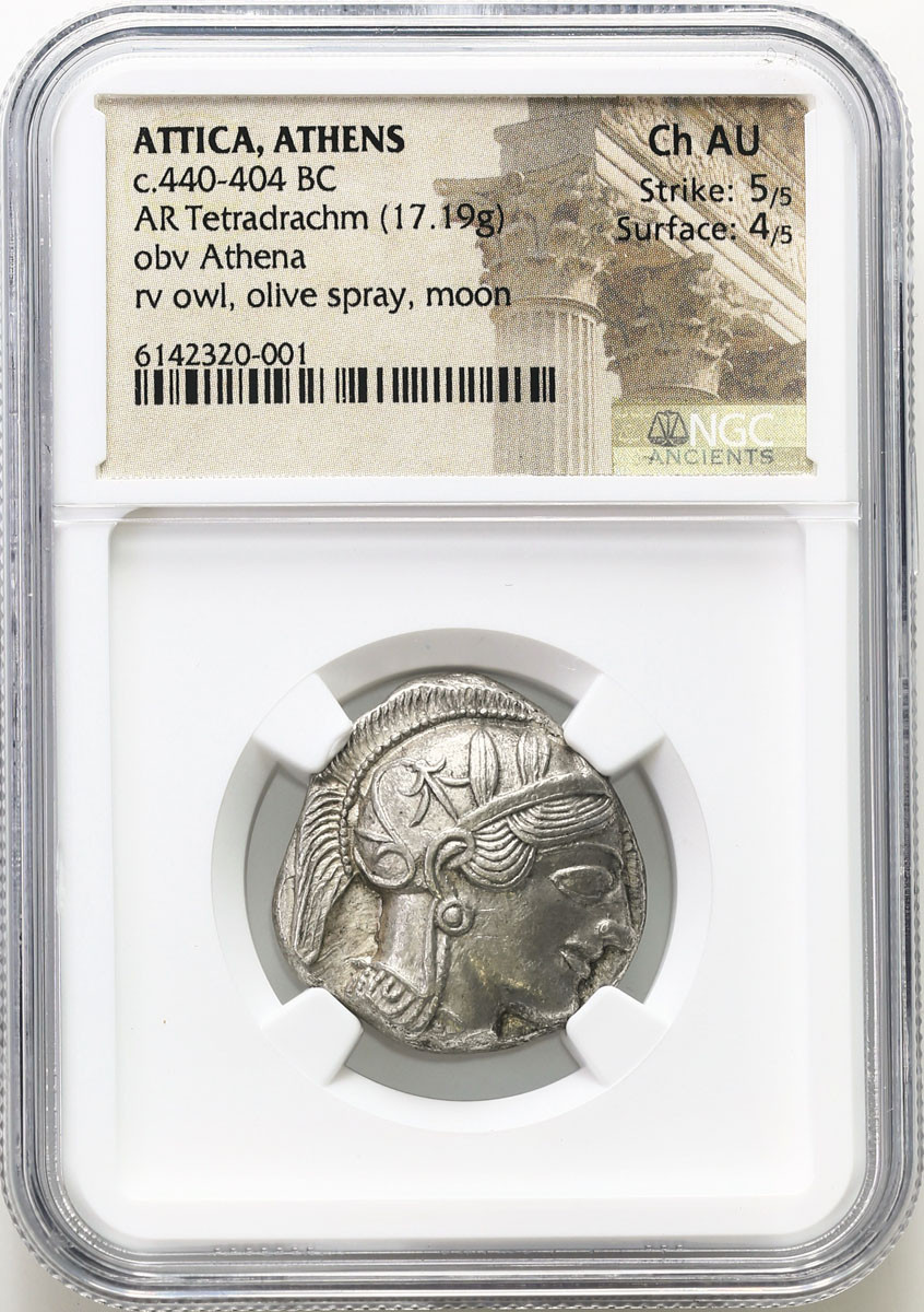 Grecja, Tetradrachma SOWA 440 – 404 p.n.e. Ateny – NGC Ch Au - WYŚMIENITA